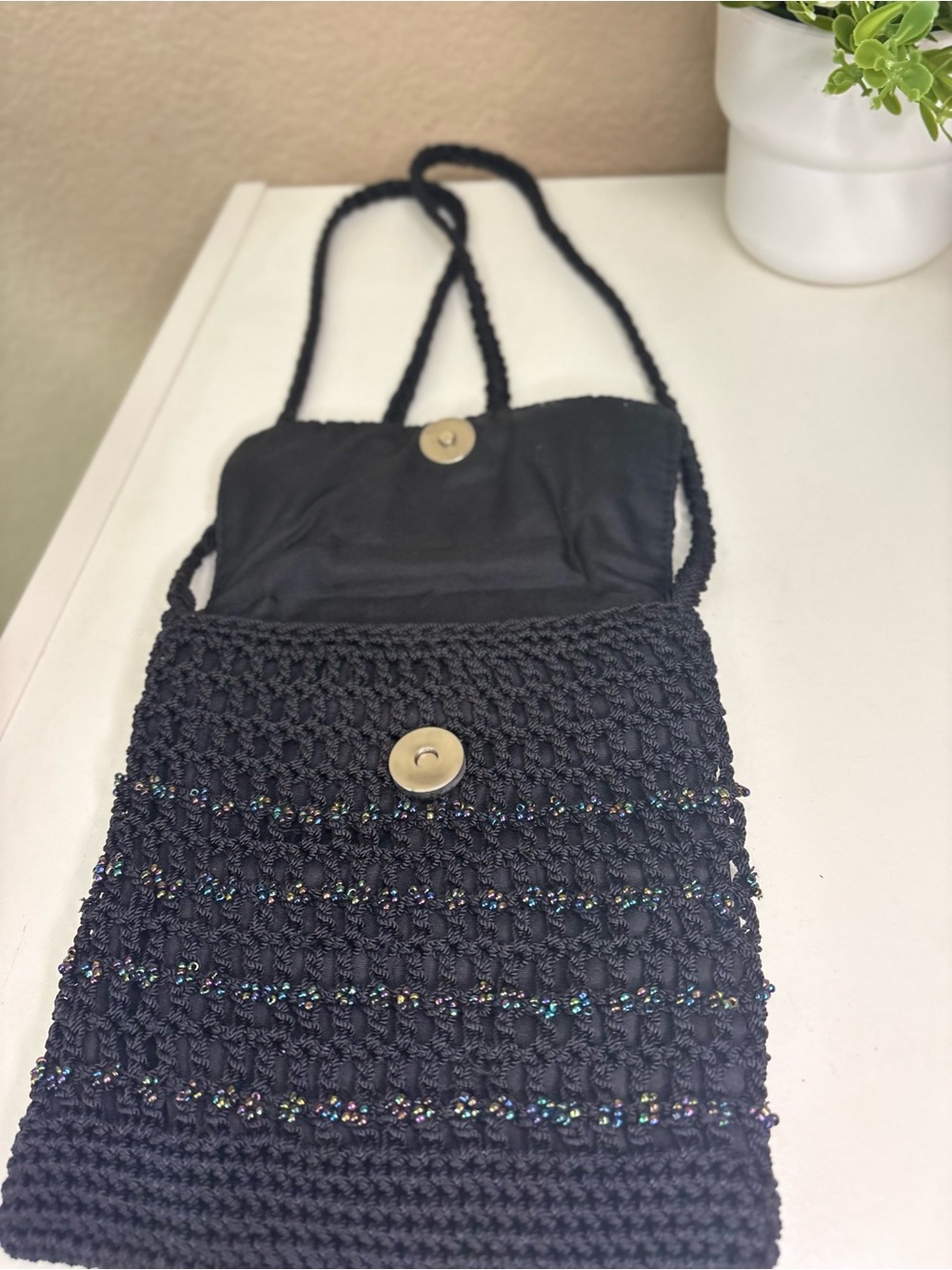 Vintage Black Beaded Crochet Crossbody Bag Boho Festival Purse Iridescent - Picture 4 of 8